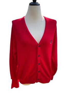Vintage Izod Red Cardigan Sweater Medium Button-Up V-Neck Preppy USA-Made